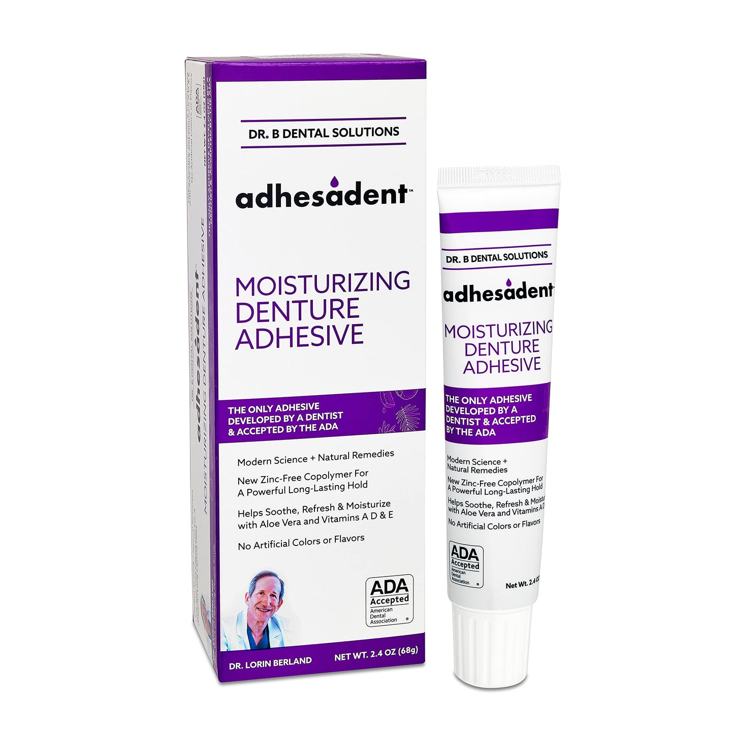 Dr. B Dental Solutions Adhesadent Moisturizing Denture Adhesive - Secure Denture Glue with Strong Grip & Natural Taste - Zinc-Free Dental Adhesive for Dentures Overdentures - 2.4 oz